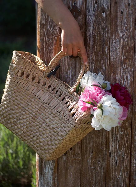 Flowers Pink Red White Peonies Wicker Basket Wooden Table Wooden — Stock Photo, Image