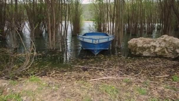 Gamla Båtar Flodstranden Fiskebåtar Nära Älvstranden Flodlandskap Våren Med Träbåtar — Stockvideo