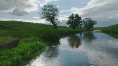 Fırtınadan önce küçük bir nehrin kıyısında. Küçük temiz nehir ve yeşil aşırı büyümüş nehir kıyıları.