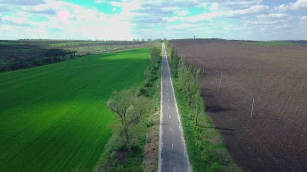 Lot Dronem Nad Autostradą Wśród Pól Uprawnych Wiosną — Wideo stockowe