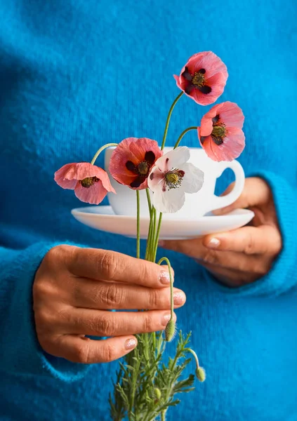 ポピーの花を持った女の子と暖かい朝のコーヒーの白いカップ 青の背景 — ストック写真