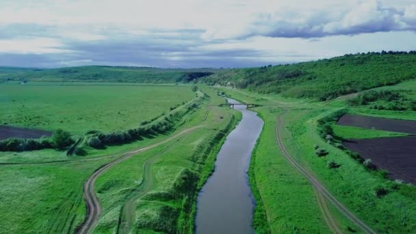 Політ Над Маленькою Річкою Навесні Міст Через Річку — стокове відео