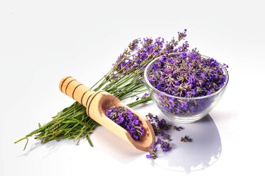 Taze lavanta demeti ve cam kasede lavanta çiçekleri. beyaz arkaplanda izole.