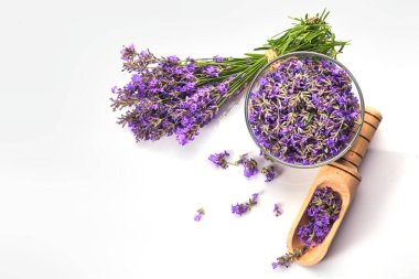 Taze lavanta demeti ve cam kasede lavanta çiçekleri. beyaz arkaplanda izole.