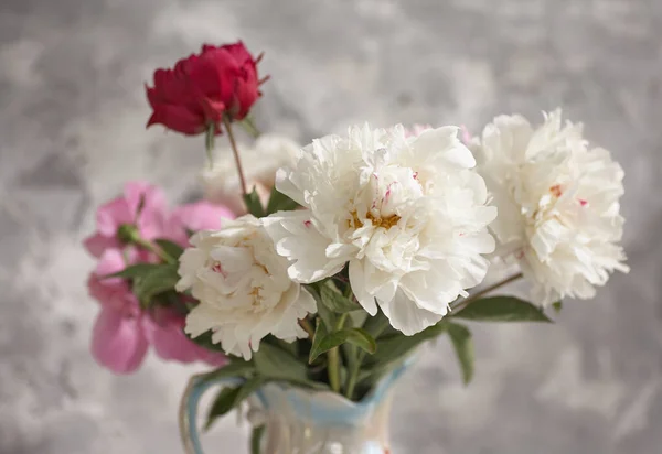 Stilleven Met Witte Roze Pioenrozen Een Witte Vaas — Stockfoto