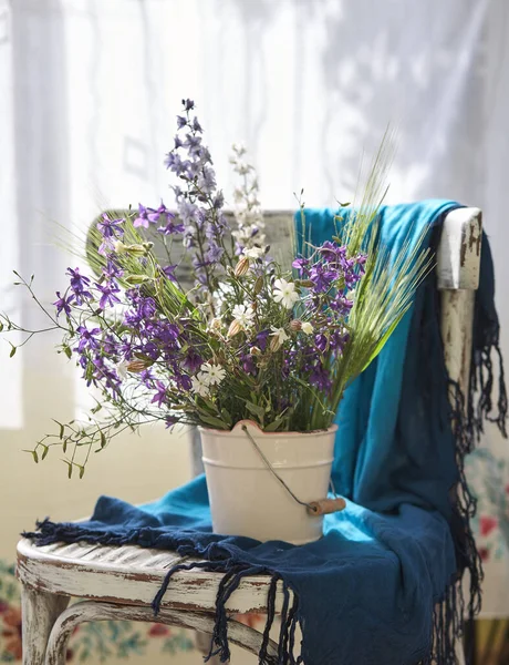 Still Life Fresh Wild Flowers Vase Vintage Chair — Stock Photo, Image