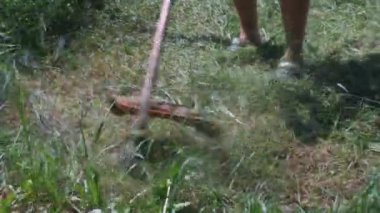 Adam çimleri benzin makası ile biçiyor..