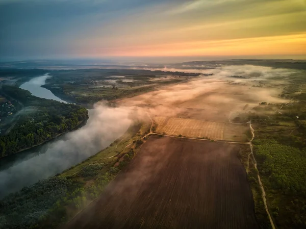 River Scenery Early Morning Hut Far Away Tree Covered Mystical — Stock Photo, Image