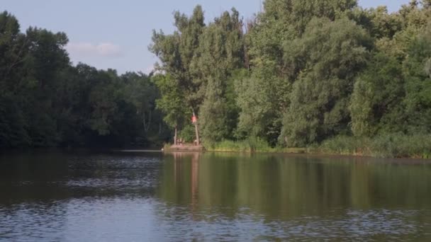 Teich Mit Grünem Wasser Zwischen Rasenflächen Und Bäumen Gegen Gebäude — Stockvideo