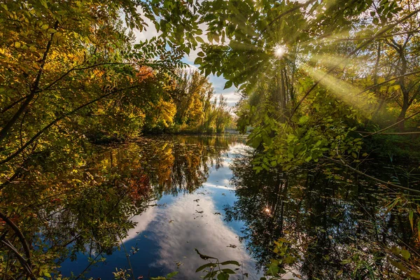 Úžasná Podzimní Krajina Rybníček Podzimním Parku Krásný Podzimní Den Pestrobarevný — Stock fotografie