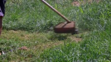 Adam çimleri benzin makası ile biçiyor..