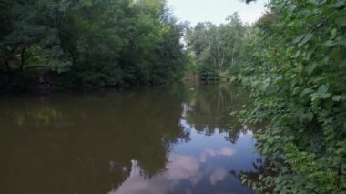 Gölet çimenler ve ağaçlar karşı şehir binaların arasında yeşil su ile.