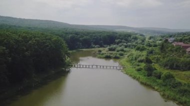 Göl kenarındaki güzel küçük bir köyün ve yeşil ormanın havadan görünüşü. Stok görüntüleri. Modern evlerin, köylerin manzarası..