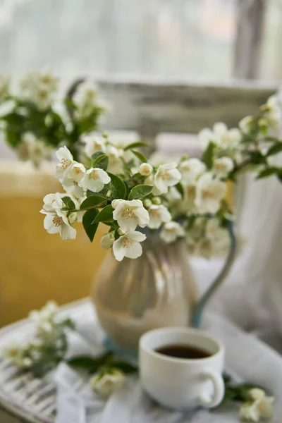 Jasmine Flowers White Vase Stillife Jasmine Cup Coffee — Stock Photo, Image