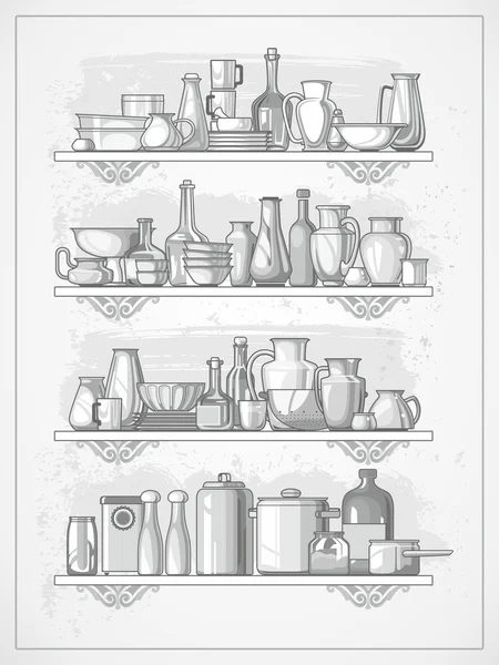 Crockery on shelves — Stock Vector