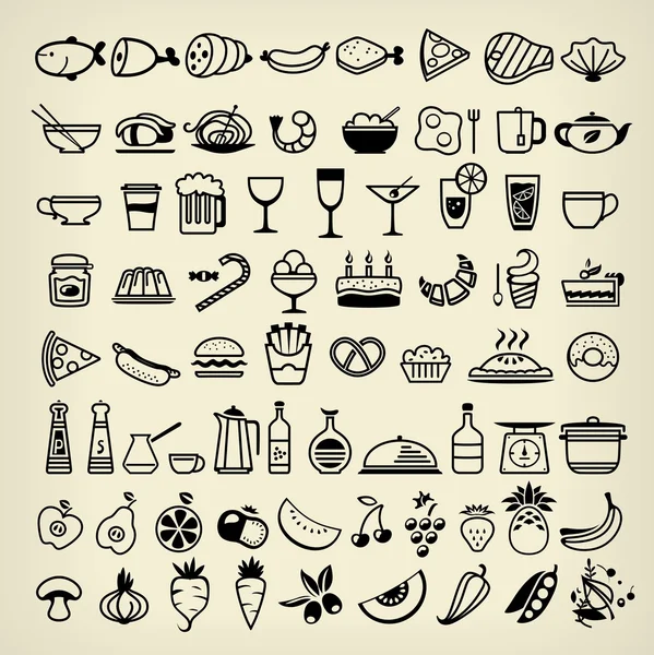 Iconos de alimentos negros en blanco — Vector de stock