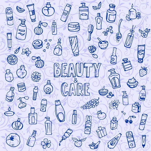 Cosméticos doodle e iconos de autocuidado — Vector de stock