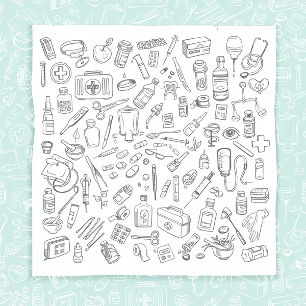 Cuidado de la salud y medicina doodle icono conjunto — Vector de stock
