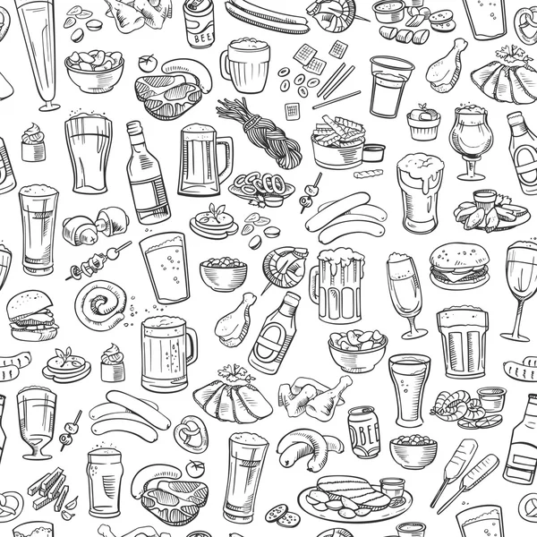 Birra abbozzata e snack, sfondo senza soluzione di continuità Illustrazione Stock