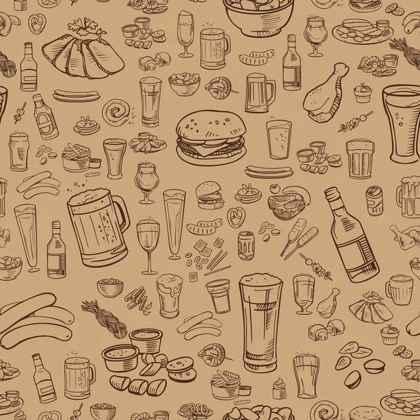 Cerveza incompleta y bocadillos, fondo sin costuras — Vector de stock