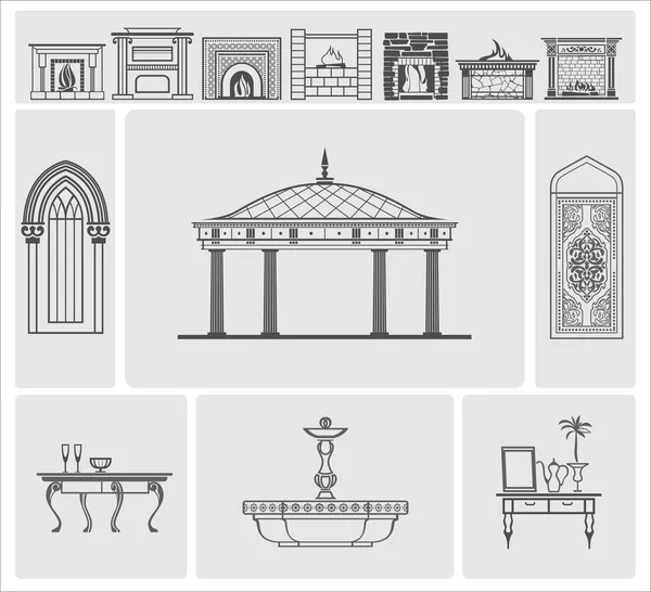 Icons of fireplaces and architectural elements — Stock Vector