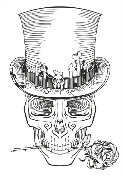Crânio humano em um chapéu superior —  Vetores de Stock