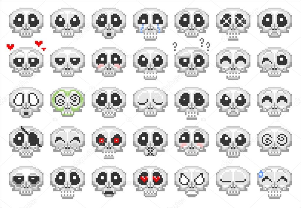 pixel skull smiley icons set