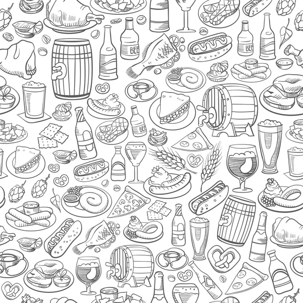 Birra disegnata a mano e cibo, sfondo senza soluzione di continuità — Vettoriale Stock