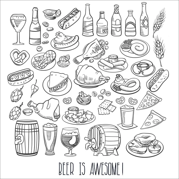 Cerveza y alimentos elaborados a mano — Vector de stock