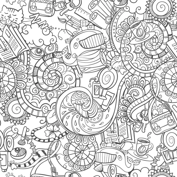 Doodles dos desenhos animados, rotina da manhã, sem emenda — Vetor de Stock