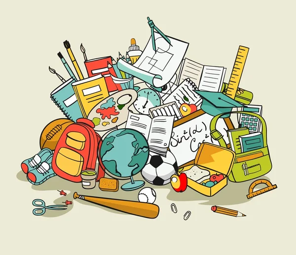 Freehand school items in a pile — Stock Vector