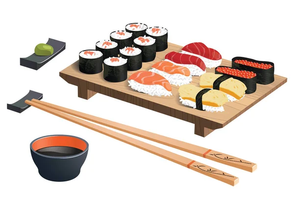 Sushi Japonés Realista Con Salsa Soja Wasabi Palillos Aislados Blanco — Archivo Imágenes Vectoriales