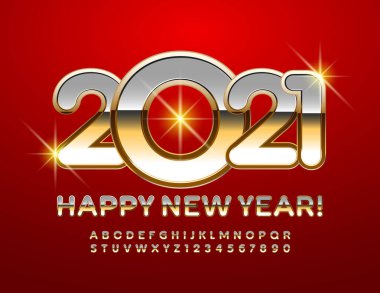 Vekil Mutlu Yıllar 2021 tebrik kartı. Gümüş ve Altın Parlak Yazı Tipi. Metalik modern Alfabe Harfleri ve Sayıları
