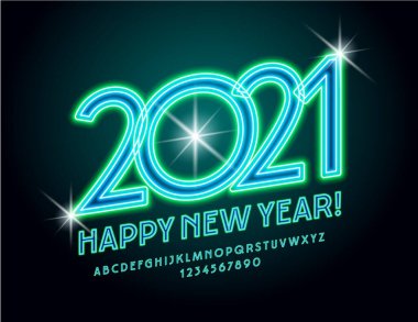 Vektör parlayan tebrik kartı Mutlu yıllar 2021! Parlak elektrik fontu. Parlak Neon Alfabe Harfleri reklam numaralarını ayarla