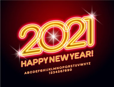 Vektör neon tebrik kartı Mutlu yıllar 2021! Turuncu parlak yazı tipi. Elektrik döndürülmüş alfabe harfleri ve numaralar ayarlandı