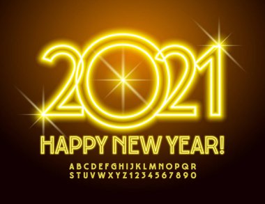Parlak tebrik kartı. Mutlu yıllar 2021! Zarif elektrikli yazı tipi. Sarı Neon Alfabesi Harfleri ve Sayıları Ayarlandı