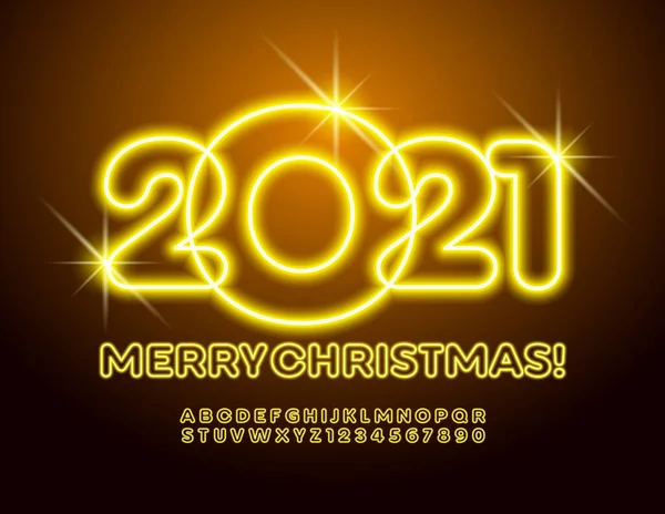 Vetor Cartão Saudação Brilhante Feliz Natal 2021 Fonte Luz Amarela — Vetor de Stock