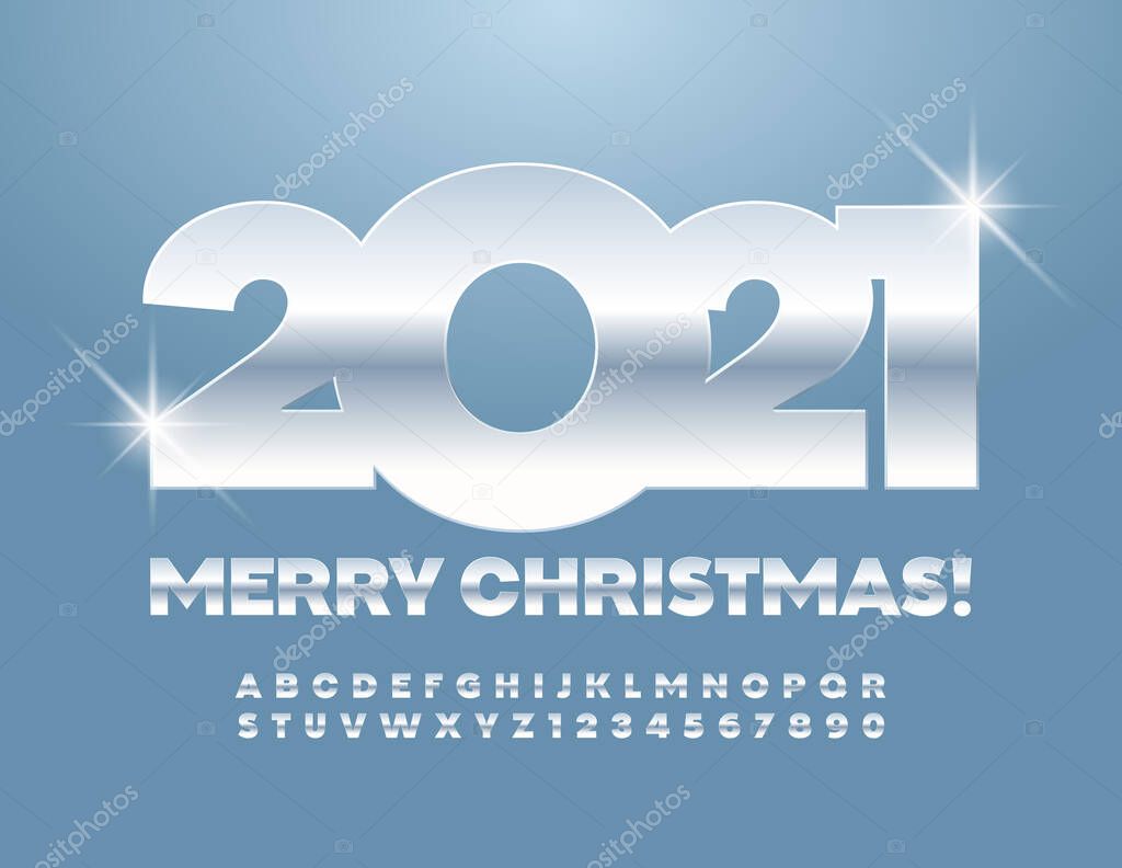 Vector luxury greeting card Merry Christmas 2021! Silver modern Font. Metallic Alphabet Letters and Numbers set