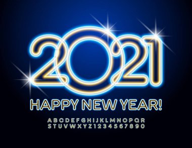 Vektör parlayan tebrik kartı Mutlu yıllar 2021! Moda elektrikli yazı tipi. Parlak Neon Alfabesi Harfleri ve Sayıları Ayarlandı