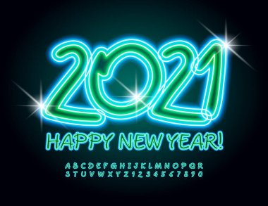 Vektör aydınlatılmış tebrik kartı Mutlu yıllar 2021! Parlak el yazısı yazı tipi. Neon Alfabe Harfleri ve Sayıları Ayarlandı