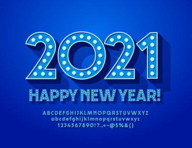 Vektör mavi tebrik kartı Mutlu yıllar 2021! Zarif Ampul Elektrik Yazı Tipi. Lambalı Retro biçim Alfabe Harfleri ve Sayıları