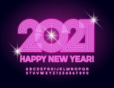 Vektör Neon tebrik kartı Mutlu yıllar 2021! Elektrikli Pembe Yazı Tipi. Parlak Alfabe Harfleri ve Sayıları kümesi