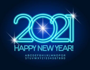 Vektör neon tebrik kartı Mutlu yıllar 2021! Mavi ışık yazı tipi. Aydınlatılmış Alfabe Harfleri ve Sayıları
