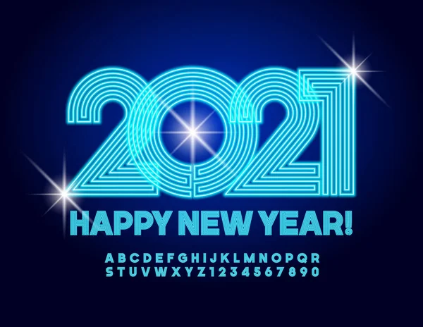 Vector Gloeiende Wenskaart Gelukkig Nieuwjaar 2021 Blauw Elektrisch Lettertype Neon — Stockvector