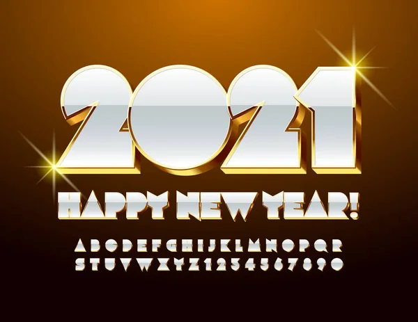 Vector Cartão Chique Feliz Ano Novo 2021 Gold White Shiny — Vetor de Stock