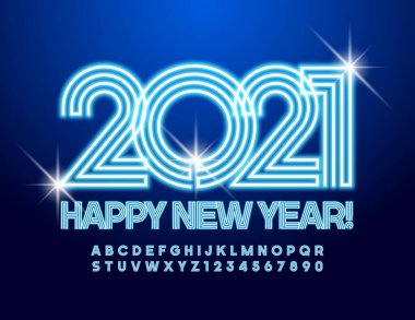 Vektör Neon tebrik kartı Mutlu yıllar 2021! Elektrik Mavi Yazı Tipi. Parlak Alfabe Harfleri ve Sayıları kümesi