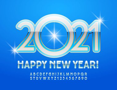 Vektör Mutlu Yıllar 2021 şık tebrik kartı. Zarif, parlak yazı tipi. Güzel zengin Alfabe Harfleri ve Sayıları