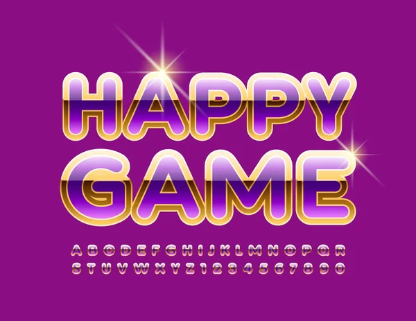 Vector Błyszczący Emblemat Happy Game Litery Liczby Alfabetu Fioletowego Złotego — Wektor stockowy