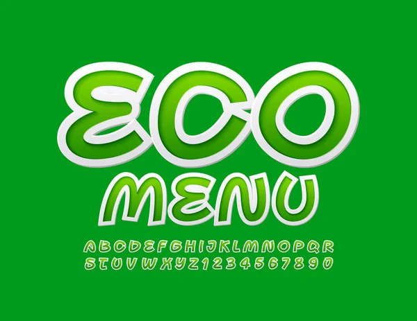 Emblema Verde Vettoriale Eco Menu Caratteri Giocosi Lucenti Lettere Numeri — Vettoriale Stock