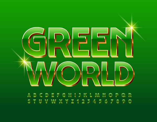 Vector eco banner Green World. Green and Golden stylish Font. Bright 3D Alphabet Letters and Numbers set